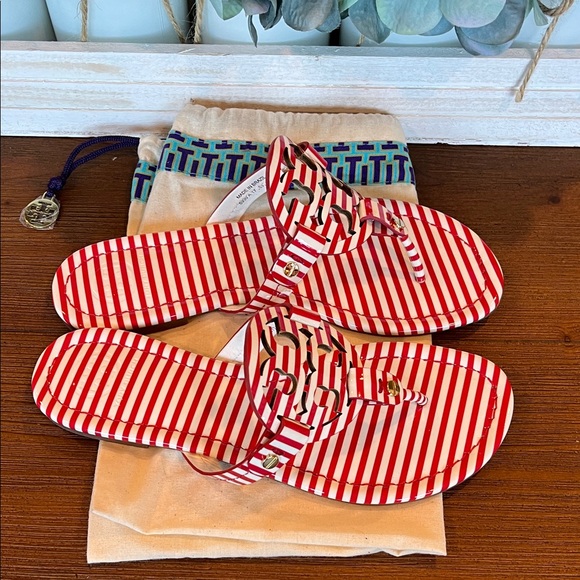 NWOB Tory Burch Patent Leather Miller Sandal Striped Nautical Red White - Picture 6 of 9